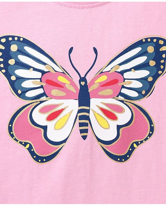 Pine Kids Cotton Knit Frill Sleeves T-Shirt With Butterfly Print- Pink