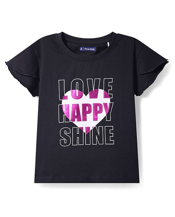 Pine Kids Cotton Knit Half Sleeves T-Shirt With Love Happy Time Foil Text Print - Black