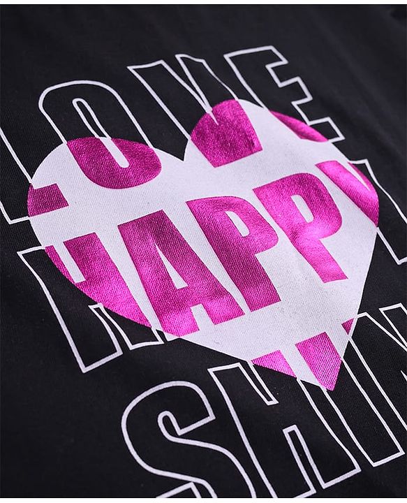 Pine Kids Cotton Knit Half Sleeves T-Shirt With Love Happy Time Foil Text Print - Black