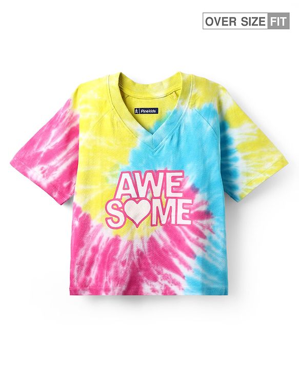 Pine Kids Cotton Knit Half Raglan Sleeves Tie & Dye T-Shirt with with Text Print - Yellow Pink & Light Blue