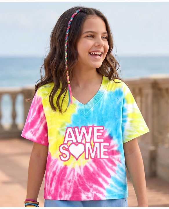 Pine Kids Cotton Knit Half Raglan Sleeves Tie & Dye T-Shirt with with Text Print - Yellow Pink & Light Blue