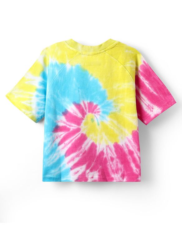 Pine Kids Cotton Knit Half Raglan Sleeves Tie & Dye T-Shirt with with Text Print - Yellow Pink & Light Blue