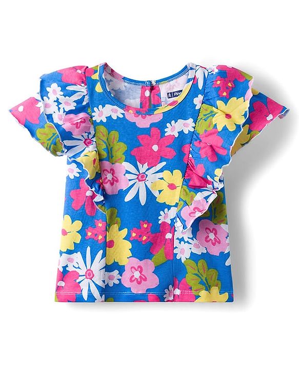 Pine Kids Cotton Knit Half Sleeves T-Shirt With Floral Print & Frill Detailing - Blue