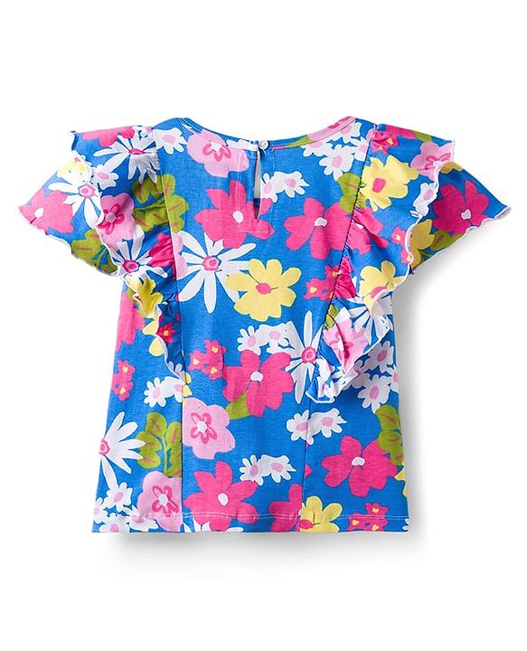 Pine Kids Cotton Knit Half Sleeves T-Shirt With Floral Print & Frill Detailing - Blue