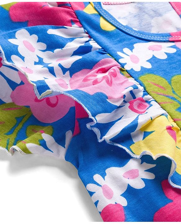 Pine Kids Cotton Knit Half Sleeves T-Shirt With Floral Print & Frill Detailing - Blue