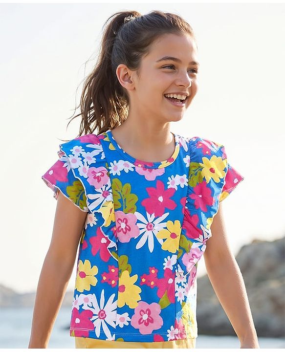 Pine Kids Cotton Knit Half Sleeves T-Shirt With Floral Print & Frill Detailing - Blue