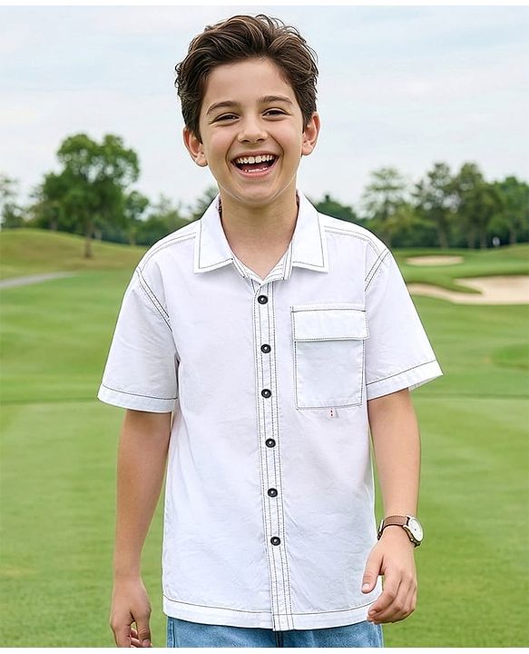 Pine Kids Cotton Woven Half Sleeves Solid Color Shirt - White
