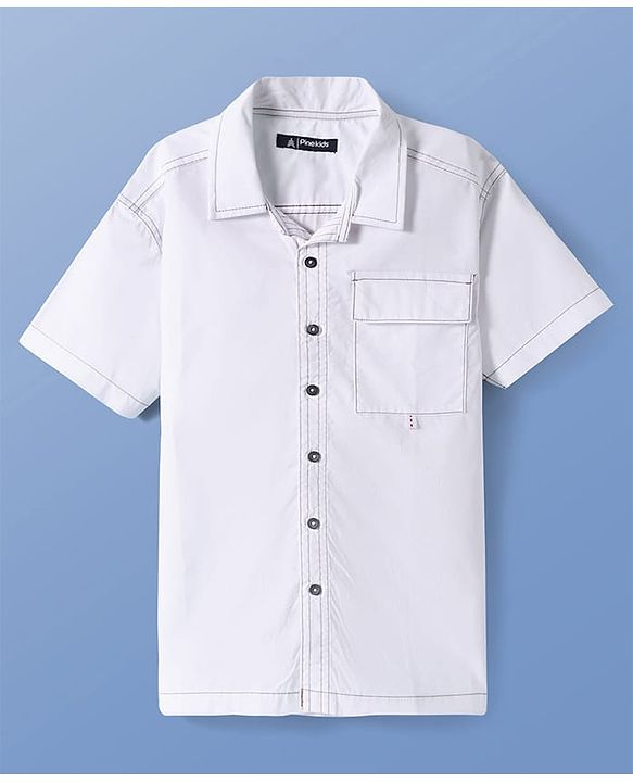 Pine Kids Cotton Woven Half Sleeves Solid Color Shirt - White