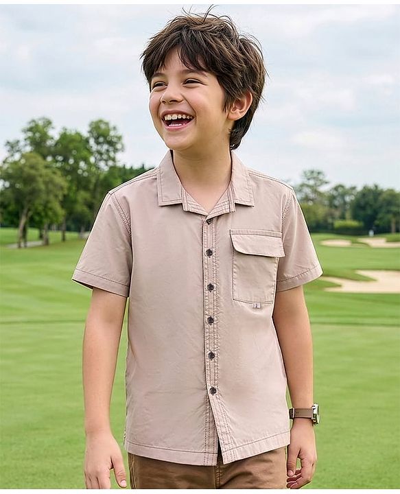 Pine Kids Cotton Knit Half Sleeves Solid Color Shirt - Tan