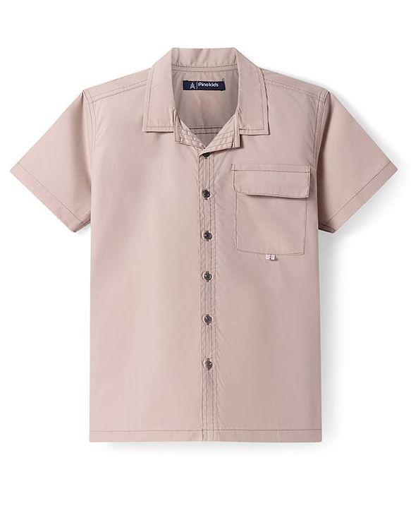 Pine Kids Cotton Knit Half Sleeves Solid Color Shirt - Tan