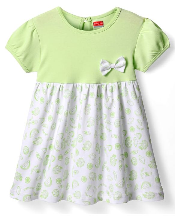 Babyhug Single Jersey Knit Half Sleeves Dress With Fruit Print & Bow Applique - Light Green & White