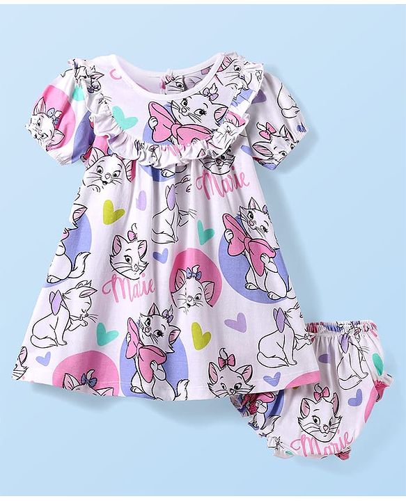 Babyhug Disney Single Jersey Knit Half Puffed Sleeves Marie Printed Dress with Bloomer & Frill Detailing - White