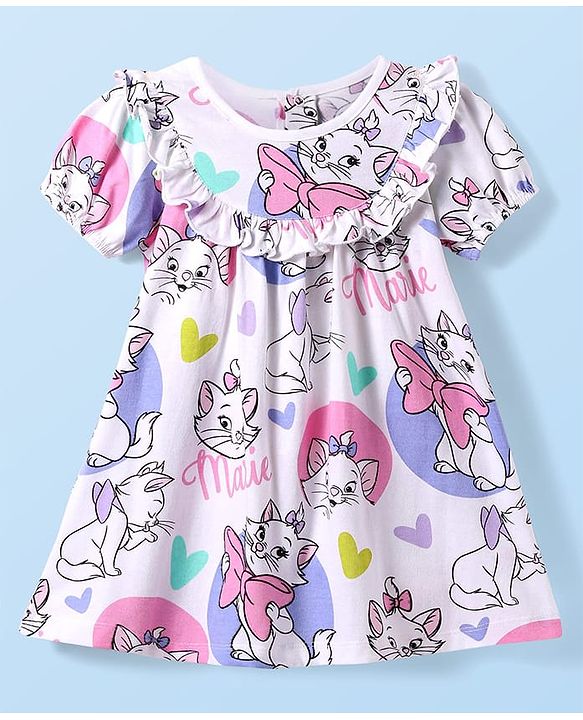 Babyhug Disney Single Jersey Knit Half Puffed Sleeves Marie Printed Dress with Bloomer & Frill Detailing - White