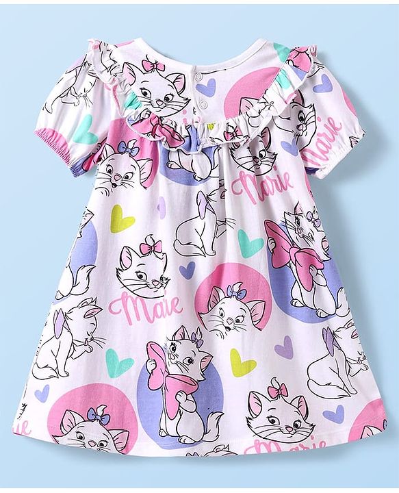 Babyhug Disney Single Jersey Knit Half Puffed Sleeves Marie Printed Dress with Bloomer & Frill Detailing - White