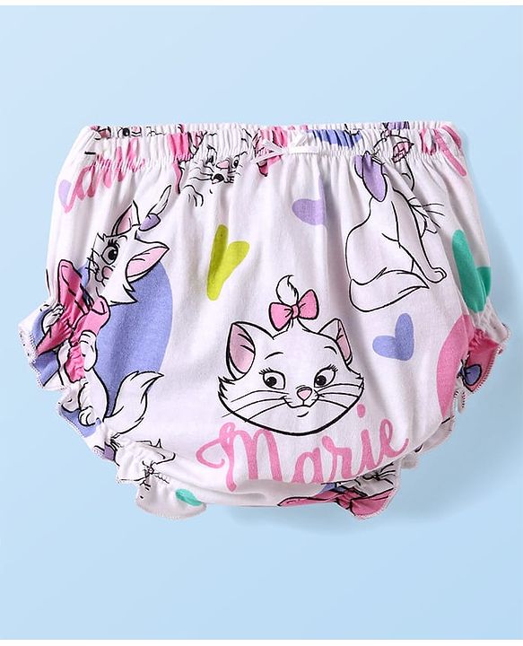 Babyhug Disney Single Jersey Knit Half Puffed Sleeves Marie Printed Dress with Bloomer & Frill Detailing - White