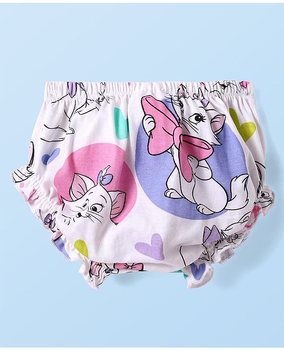 Babyhug Disney Single Jersey Knit Half Puffed Sleeves Marie Printed Dress with Bloomer & Frill Detailing - White