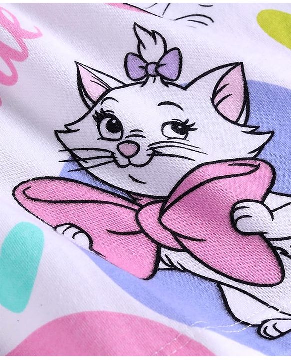 Babyhug Disney Single Jersey Knit Half Puffed Sleeves Marie Printed Dress with Bloomer & Frill Detailing - White