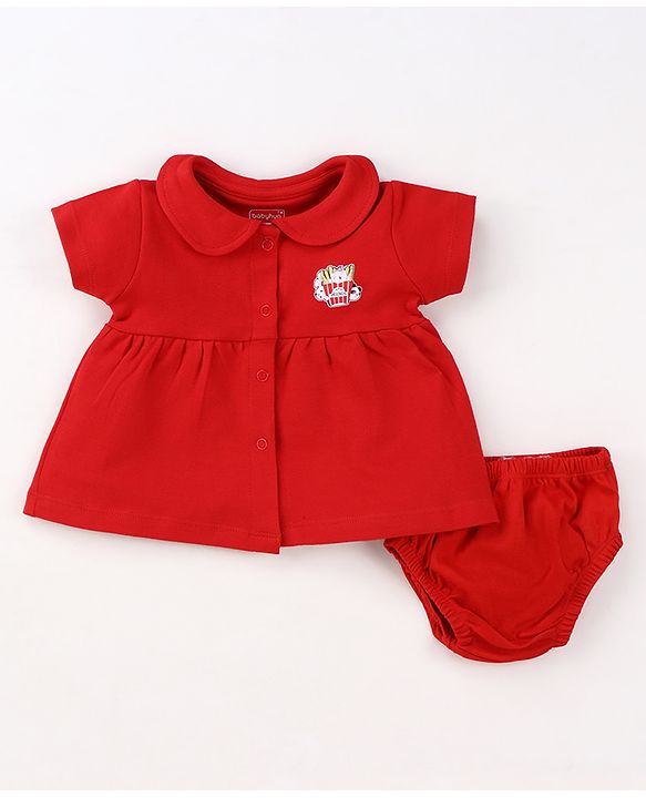 Babyhug Cotton Woven Half Sleeves Peter Pan Collared Solid Color Frock with Bloomer - Red