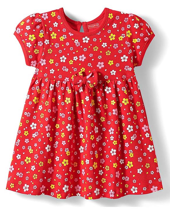 Babyhug Single Jersey Knit Half Sleeves Frock with Floral Print & With Bow Applique - Red
