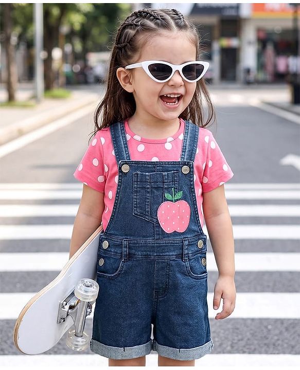 Babyhug Single Jersey Knit Dungaree & Half Sleeves T-Shirt With Polka Dot Print & Apple Patch - Blue