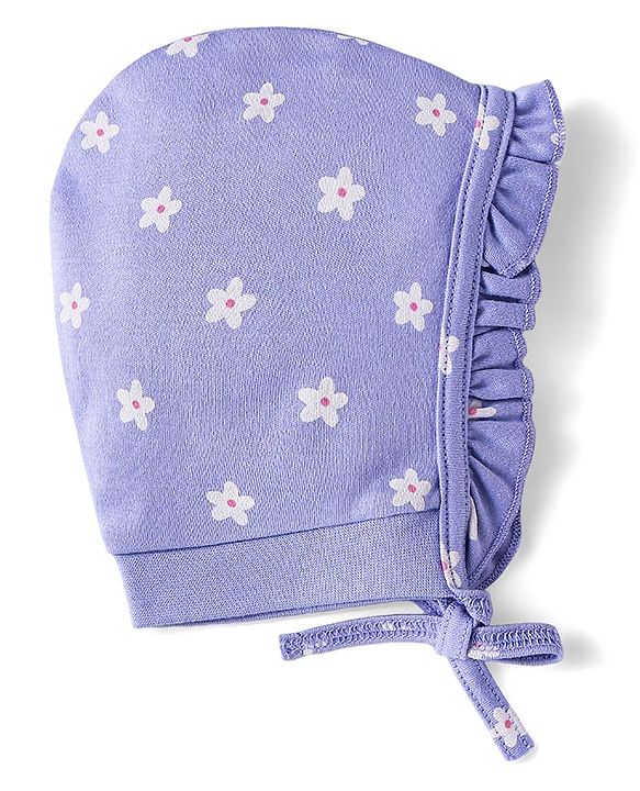 Babyhug 100% Cotton Cap with Floral Print & Frill Detailing Purple - Diameter 13cm