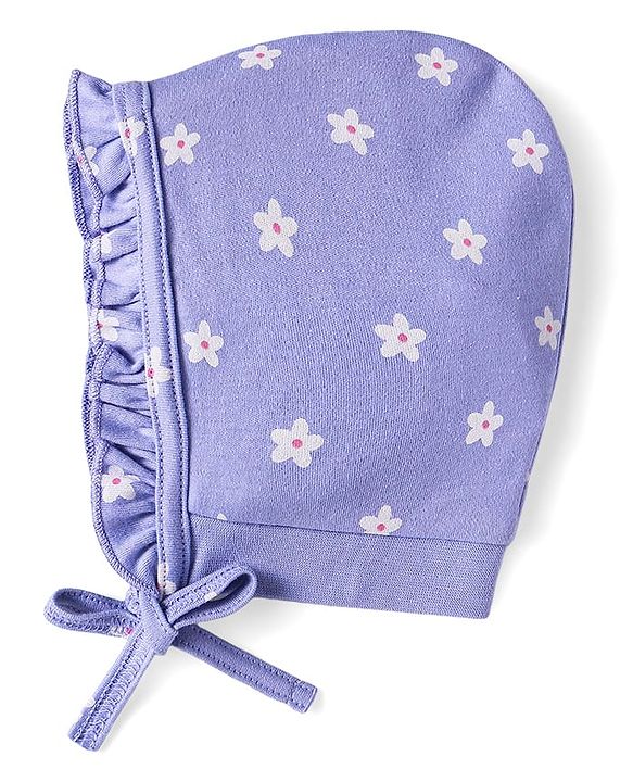 Babyhug 100% Cotton Cap with Floral Print & Frill Detailing Purple - Diameter 13cm