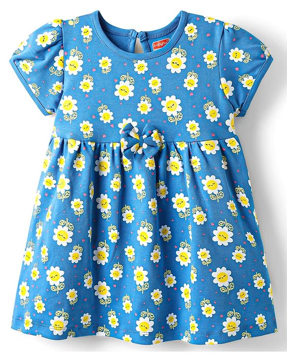 Babyhug Single Jersey Knit Half Sleeves Floral Printed Frock with Bow Applique - Royal Blue