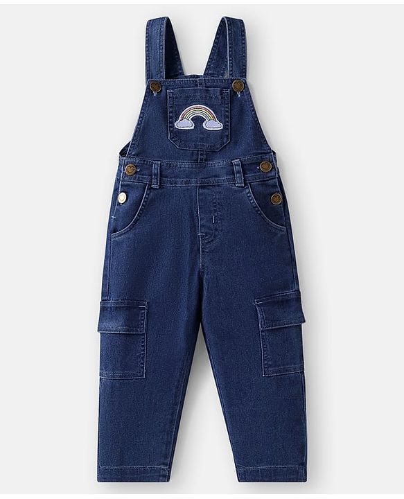 Babyhug Single Jersey Knit Half Cap Sleeves Top & Dungaree with Rainbow Print & Embroidery - White & Blue