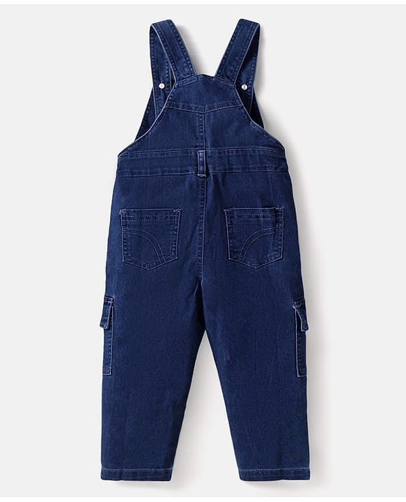 Babyhug Single Jersey Knit Half Cap Sleeves Top & Dungaree with Rainbow Print & Embroidery - White & Blue