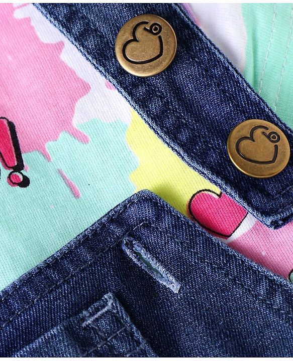 Babyhug Single Jersey Knit Half Cap Sleeves Top & Dungaree with Rainbow Print & Embroidery - White & Blue