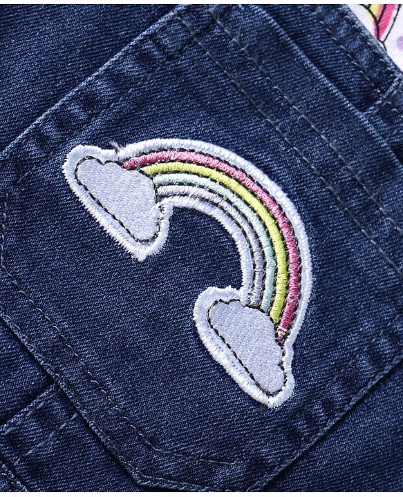 Babyhug Single Jersey Knit Half Cap Sleeves Top & Dungaree with Rainbow Print & Embroidery - White & Blue