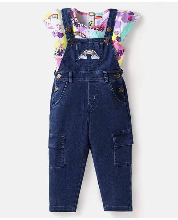 Babyhug Single Jersey Knit Half Cap Sleeves Top & Dungaree with Rainbow Print & Embroidery - White & Blue