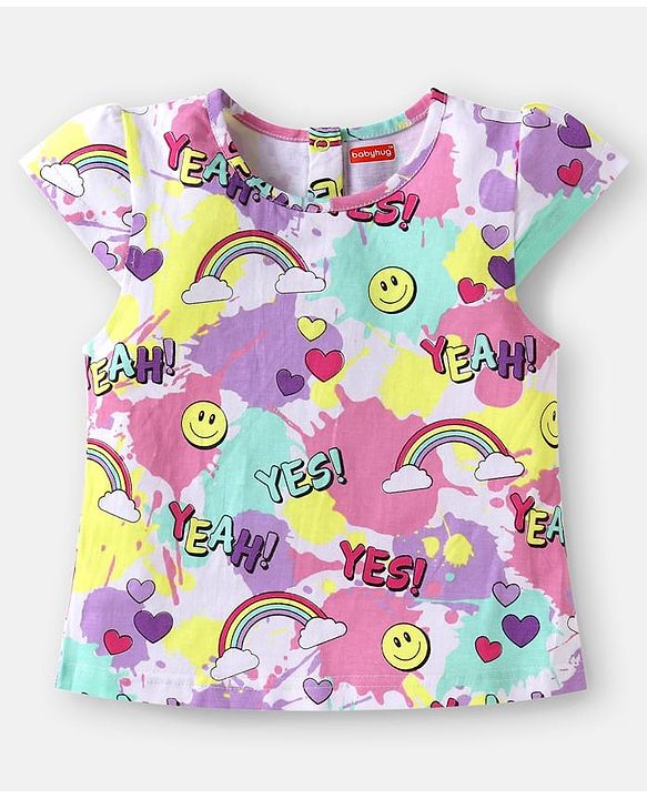 Babyhug Single Jersey Knit Half Cap Sleeves Top & Dungaree with Rainbow Print & Embroidery - White & Blue