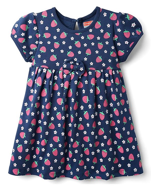 Babyhig Single Jersey Knit Half Sleeves Strawberry Printed Frock with Bow Applique - Navy Blue