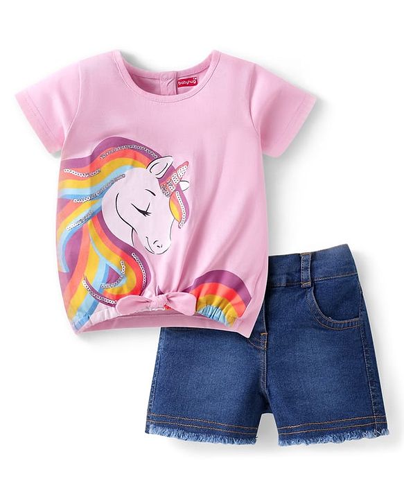 Babyhug Single Jersey Knit Half Sleeves Unicorn Printed Top & Short Set With Bow & Sequin Detailing -  Blue & Pink