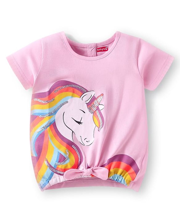 Babyhug Single Jersey Knit Half Sleeves Unicorn Printed Top & Short Set With Bow & Sequin Detailing -  Blue & Pink