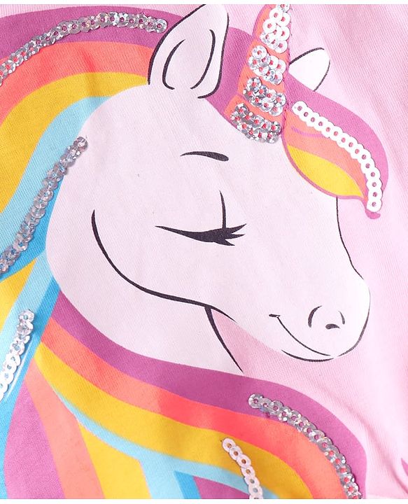 Babyhug Single Jersey Knit Half Sleeves Unicorn Printed Top & Short Set With Bow & Sequin Detailing -  Blue & Pink