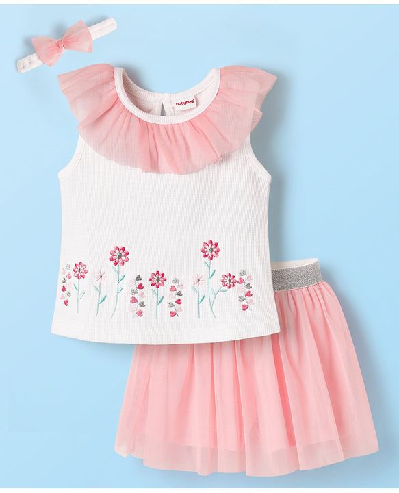 Babyhug Single Jersey Knit Sleeveless Top & Skirt Set With Floral Embroidery & Headband - White & Pink