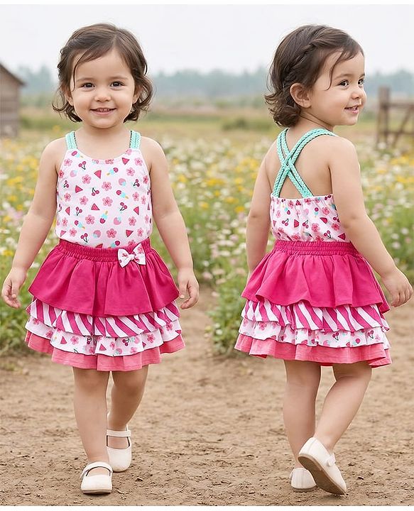 Babyhug Single Jersey Knit Singlet Sleeves Top & Skirt Set with Floral Print & Bow Applique - Pink
