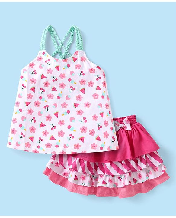 Babyhug Single Jersey Knit Singlet Sleeves Top & Skirt Set with Floral Print & Bow Applique - Pink
