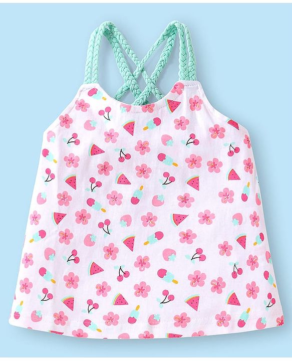Babyhug Single Jersey Knit Singlet Sleeves Top & Skirt Set with Floral Print & Bow Applique - Pink
