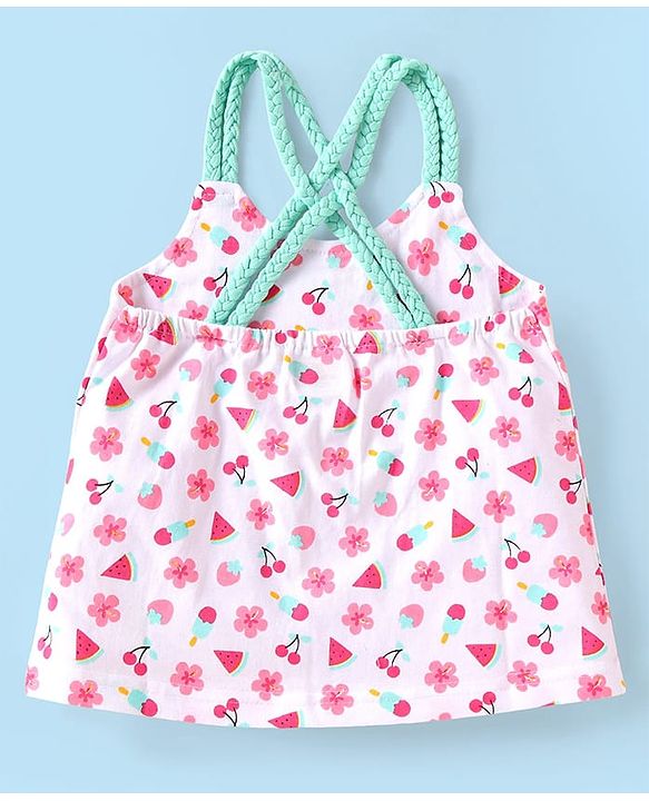 Babyhug Single Jersey Knit Singlet Sleeves Top & Skirt Set with Floral Print & Bow Applique - Pink