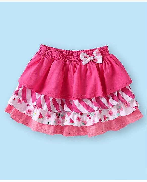 Babyhug Single Jersey Knit Singlet Sleeves Top & Skirt Set with Floral Print & Bow Applique - Pink
