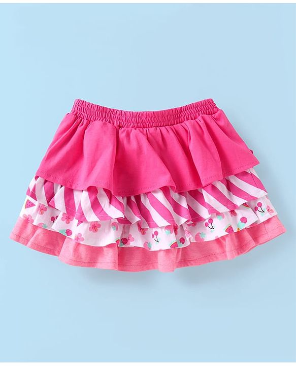 Babyhug Single Jersey Knit Singlet Sleeves Top & Skirt Set with Floral Print & Bow Applique - Pink