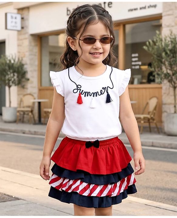 Babyhug Single Jersey Knit Frill Sleeves Top & Skirt Set with Text Embroidery & Bow Applique - White & Red