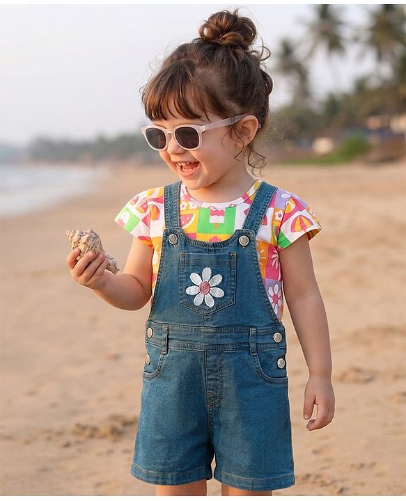 Babyhug Single Jersey Knit Dungaree & Cap Sleeves T-Shirt With Tropical Theme Print & Floral Embroidery - Blue