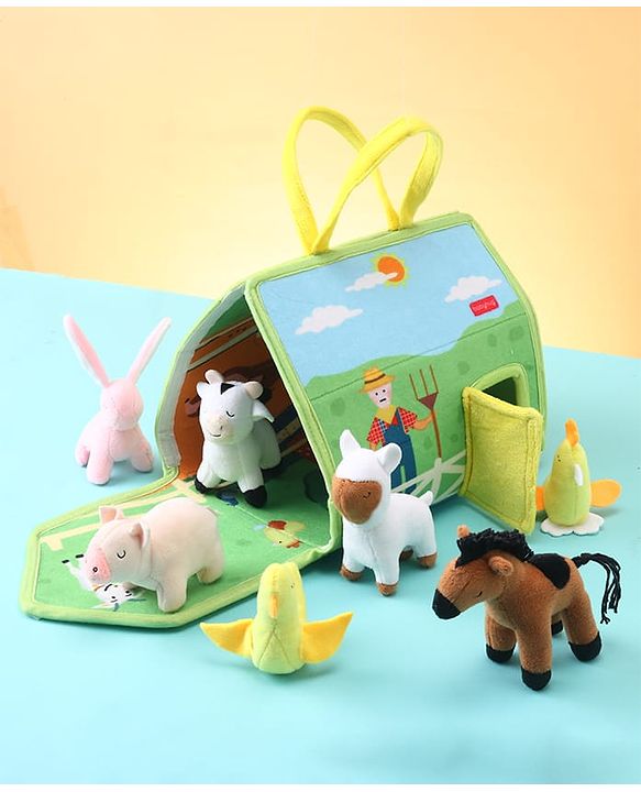 Babyhug Farm House Playset with Carry Handle | 7 Animal Plush Figurines (Duck, Pig, Horse, Hen, Sheep, Rabbit & Cow) | Educational & Montessori Learning Toy for Pretend Play | BIS Certified | Gifting Toy