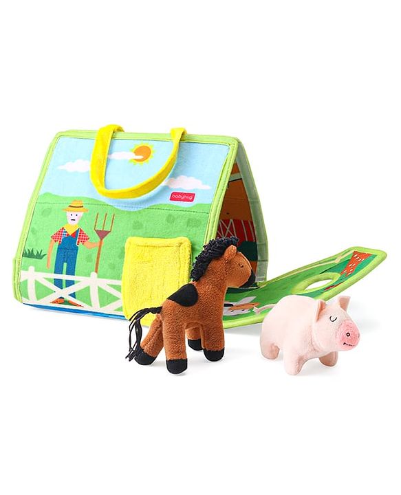 Babyhug Farm House Playset with Carry Handle | 7 Animal Plush Figurines (Duck, Pig, Horse, Hen, Sheep, Rabbit & Cow) | Educational & Montessori Learning Toy for Pretend Play | BIS Certified | Gifting Toy