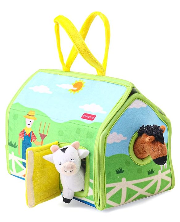 Babyhug Farm House Playset with Carry Handle | 7 Animal Plush Figurines (Duck, Pig, Horse, Hen, Sheep, Rabbit & Cow) | Educational & Montessori Learning Toy for Pretend Play | BIS Certified | Gifting Toy