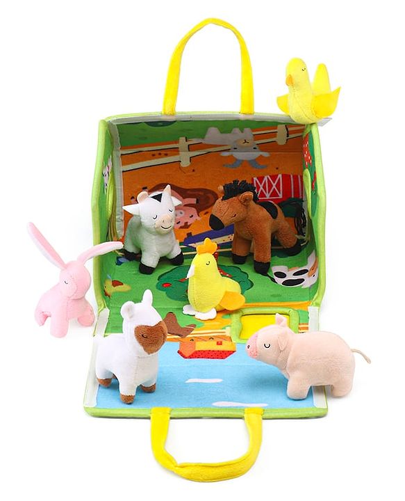 Babyhug Farm House Playset with Carry Handle | 7 Animal Plush Figurines (Duck, Pig, Horse, Hen, Sheep, Rabbit & Cow) | Educational & Montessori Learning Toy for Pretend Play | BIS Certified | Gifting Toy